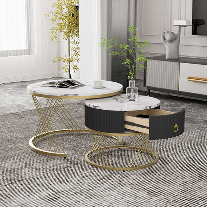 Couchtisch 2er-Set mit Schubladen Marmoroptik Golddekor weiß Beistelltisch Eleganter Design hochwertig stabil für Wohnzimmer, 70 x 70 x 45 cm   Aosom.de