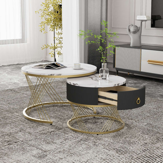 Couchtisch 2er-Set mit Schubladen Marmoroptik Golddekor weiß Beistelltisch Eleganter Design hochwertig stabil für Wohnzimmer, 70 x 70 x 45 cm   Aosom.de