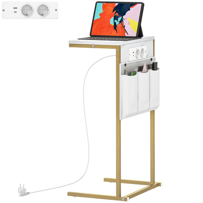 HOMCOM Couchtisch mit integrierten Steckdosen und USB, C-Form Tisch für Sofa und Bett mit Ladestation und Taschen, Wohnzimmertisch Marmoreffekt, 25,5x40x71 cm, Weiß   Aosom
