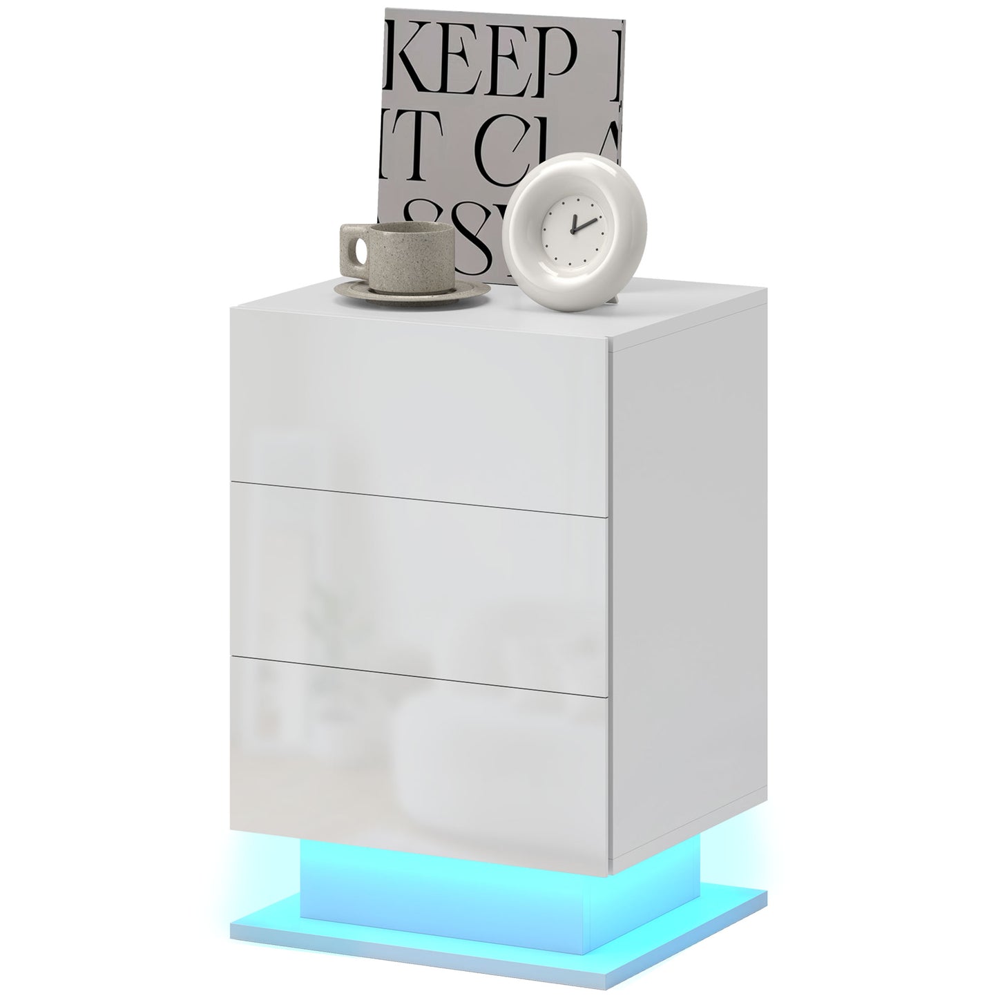 HOMCOM Nachttisch Modern mit LED-Licht und 3 Schubladen, Einstellbare Farblichter mit Fernbedienung, Beistelltisch und Couchtisch, 40x35x60 cm, Glänzendes Weiß   Aosom