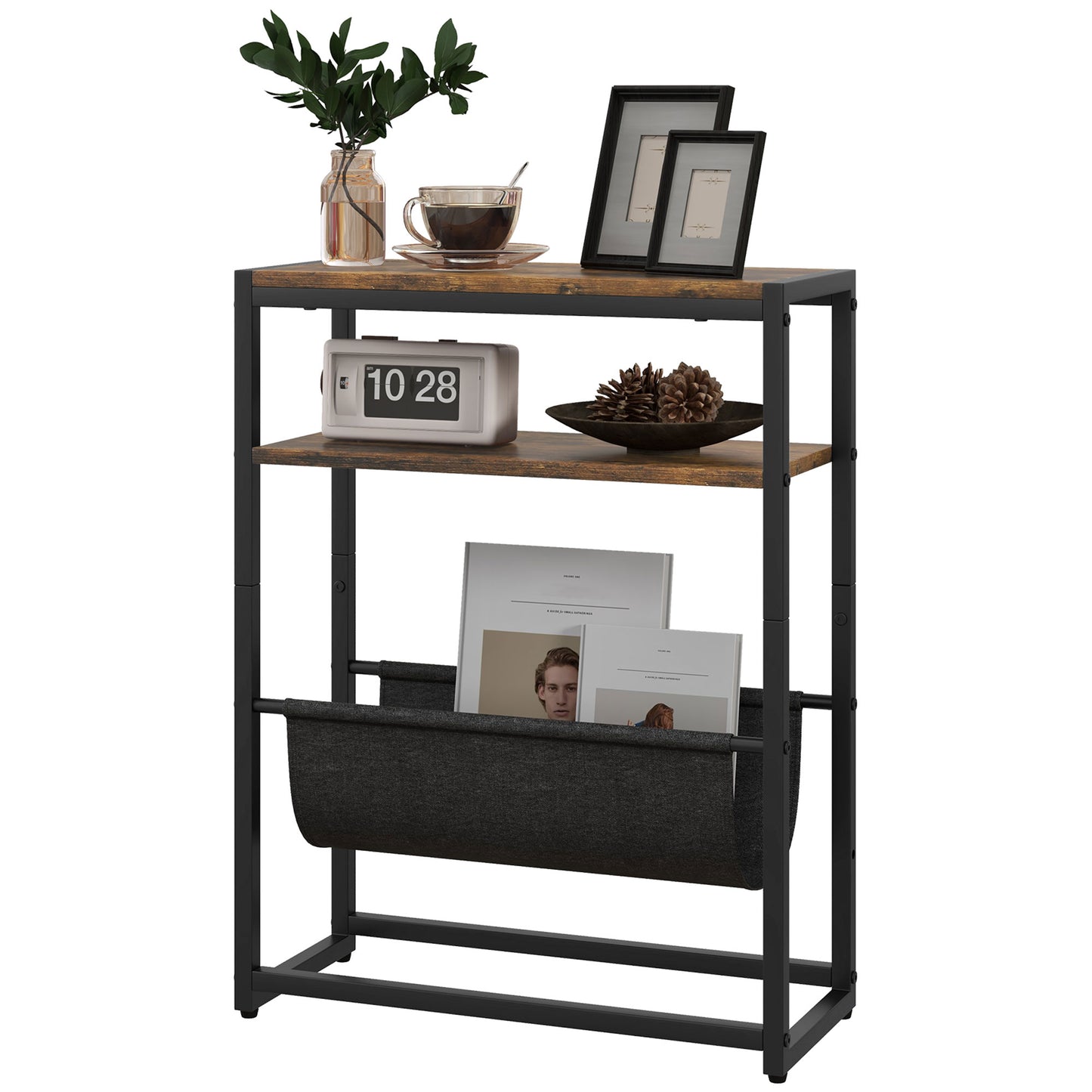 HOMCOM Beistelltisch Sofatisch Eingangstisch mit Regal und Zeitschriftenhalter Industriedesign - 43B x 18T x 56H cm Schwarz Dunkelbraun   Aosom