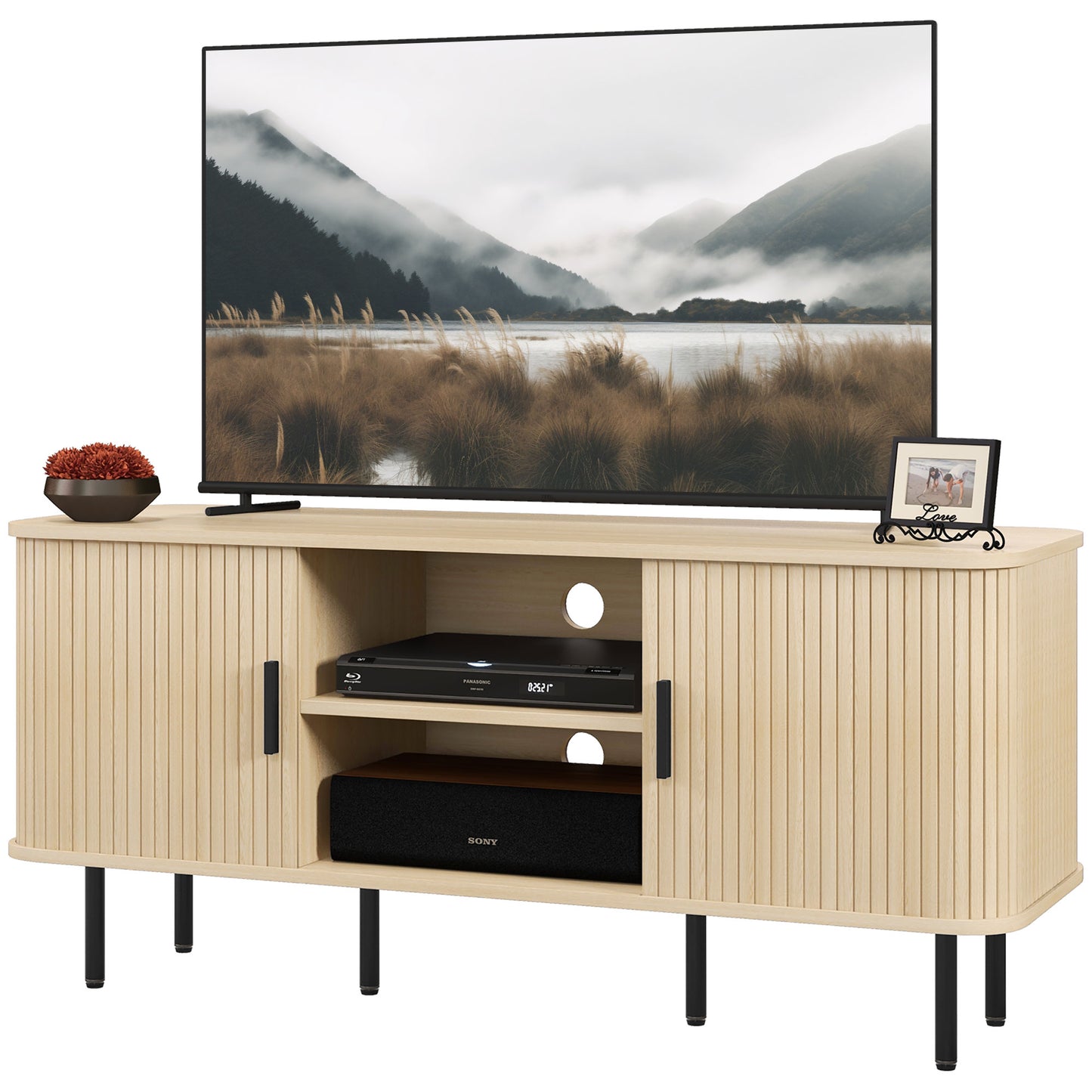 HOMCOM TV-Schrank, TV-Bank, mit 2 Rolltüren aus Lamellen, 120 cm, skandinavisches Design, TV-Schrank für Fernseher bis zu 55 Zoll, Eichenholzton   Aosom