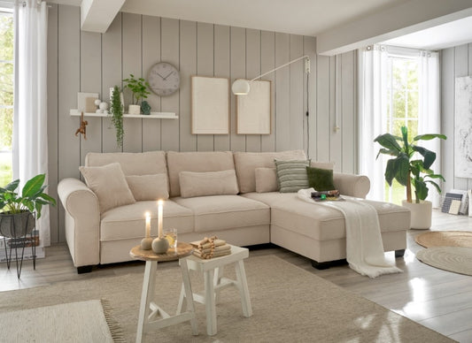 Ecksofa Angelina - Schlafsofa mit Bettkasten und Nosagfederung in Breitcord - ED Exciting Design
