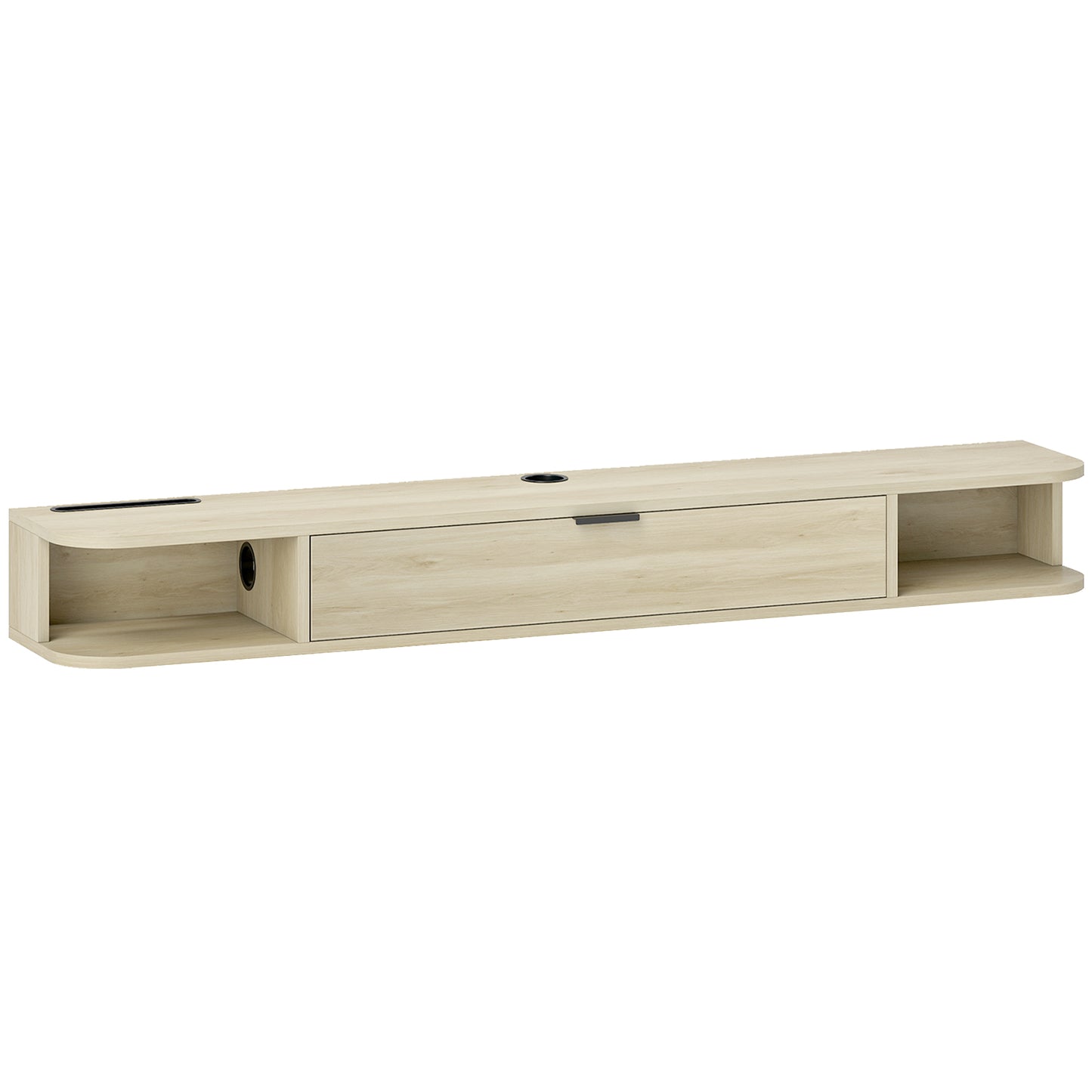 HOMCOM Hängendes TV-Möbel, TV-Möbel für Wohnzimmer mit Klappschublade, 2 Offene Regale, Kabelmanagement, Moderner Stil, für Fernseher 60 Zoll, 140x24x16 cm, Naturholz   Aosom