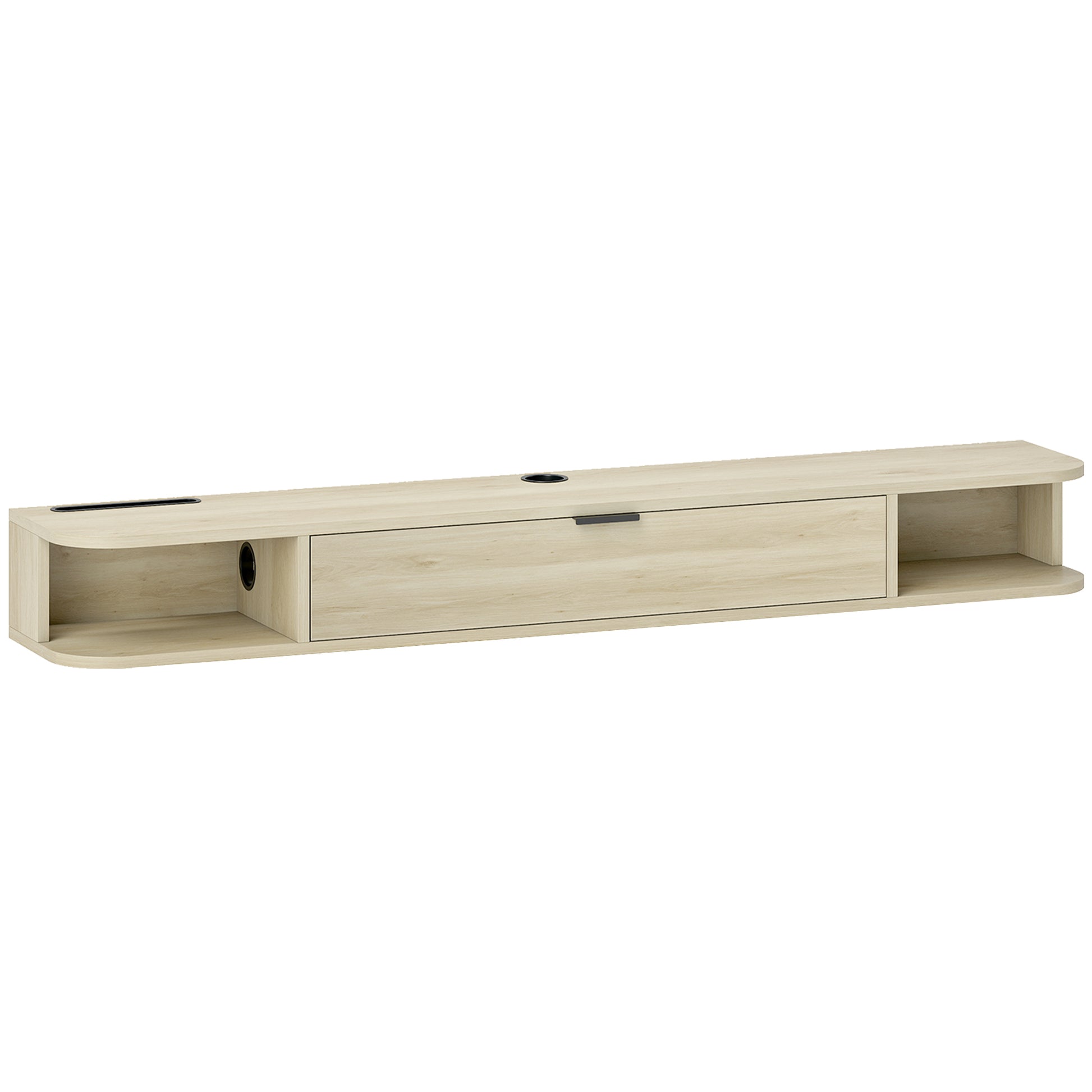 HOMCOM Hängendes TV-Möbel, TV-Möbel für Wohnzimmer mit Klappschublade, 2 Offene Regale, Kabelmanagement, Moderner Stil, für Fernseher 60 Zoll, 140x24x16 cm, Naturholz   Aosom