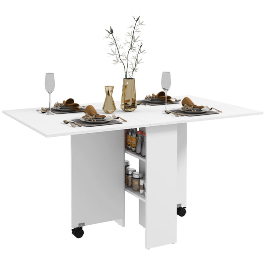 HOMCOM Klappbarer Tisch mit Rollen, Design Esstisch, Platzsparend, Modernes Design, mit Rollen, Regale, 140 × 80 × 74cm, Weiß   Aosom