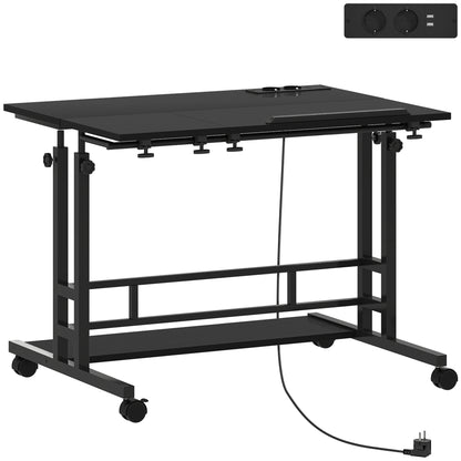 HOMCOM Schreibtisch mit Rädern, Steckdosen, USB-Anschlüssen, Höhenverstellbar, 80x60 cm, Stehschreibtisch mit Neigbarem mittlerem Panel und Unterem Ablagefach für Büro, Zuhause, Schwarz   Aosom
