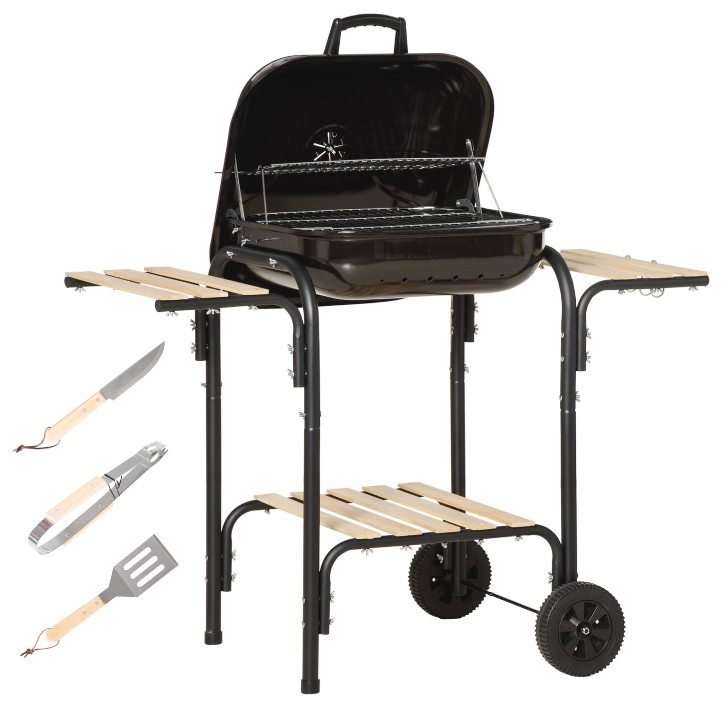 Outsunny Holzkohlegrill mit Ablagen und Rädern, Grill mit Deckel und Lufteinlass, BBQ mit Spachtel, Zange, Messer und Grill, Schwarz   Aosom