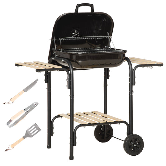 Outsunny Holzkohlegrill mit Ablagen und Rädern, Grill mit Deckel und Lufteinlass, BBQ mit Spachtel, Zange, Messer und Grill, Schwarz   Aosom