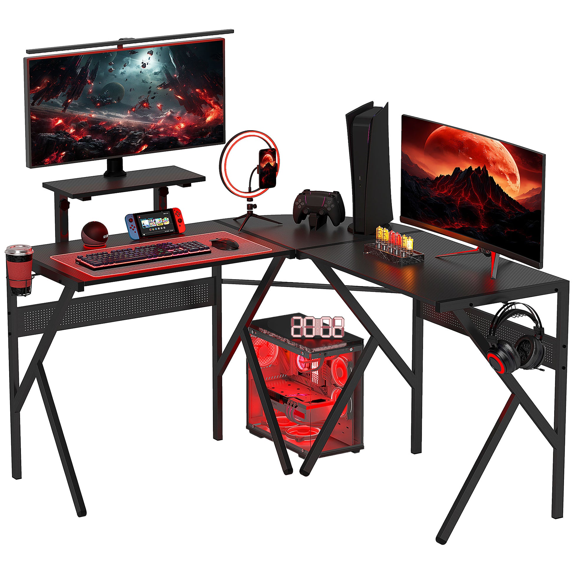 HOMCOM Gaming Schreibtisch Eckschreibtisch Gamer 125 x 125 cm in L-Form mit Kohlefaserplatte, Bildschirmhalter, Getränkehalter und Kopfhörerhaken, Schwarz   Aosom