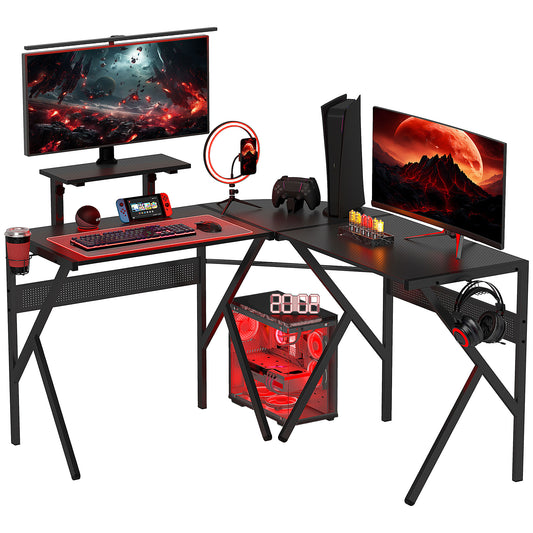 HOMCOM Gaming Schreibtisch Eckschreibtisch Gamer 125 x 125 cm in L-Form mit Kohlefaserplatte, Bildschirmhalter, Getränkehalter und Kopfhörerhaken, Schwarz   Aosom