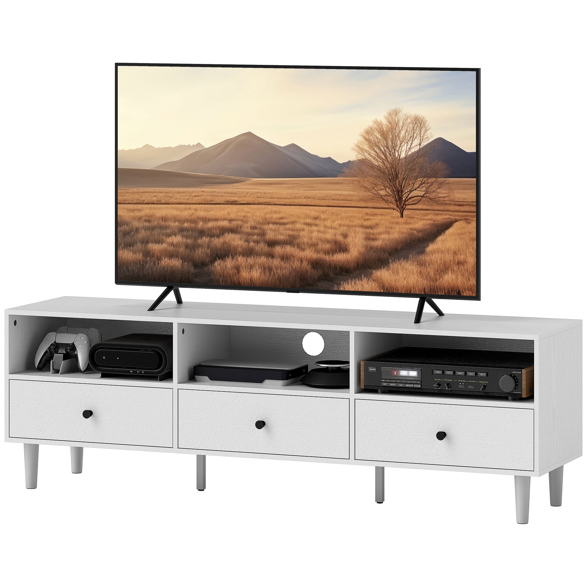 HOMCOM TV Ständer TV Möbel TV Bank für Fernseher bis zu 75" mit 3 Schubladen, 3 offenen Regalen und Kabelmanagement, für Wohnzimmer Schlafzimmer, 140 x 34 x 45 cm, weiß   Aosom