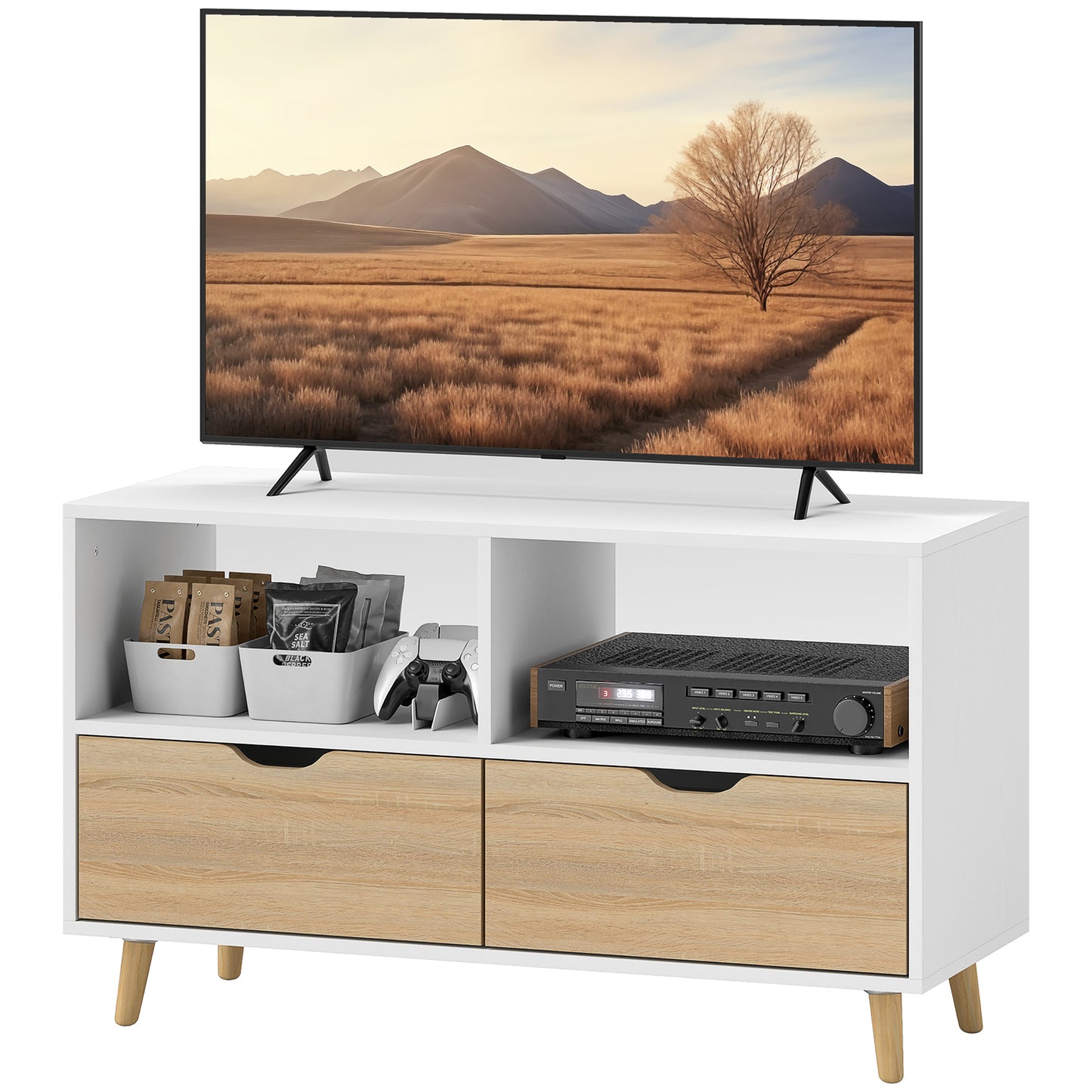 HOMCOM TV Schrank Lowboard mit 2 Ablage, Schublade, 99 cm lang Fernsehtisch für Fernseher, TV Board für Wohnzimmer, Weiß   Aosom
