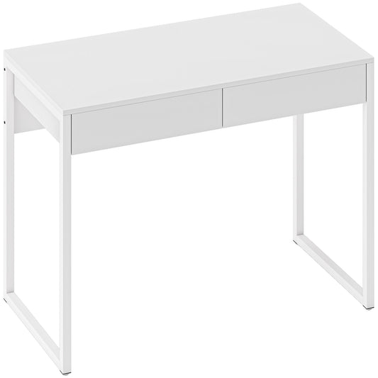 HOMCOM Schreibtisch mit 2 Schubladen, Computertisch 100 x 50 cm, moderner Schreibtisch mit Stahlbeinen, Arbeitsplatz für Schlafzimmer, kleine Räume, glänzendes Weiß   Aosom