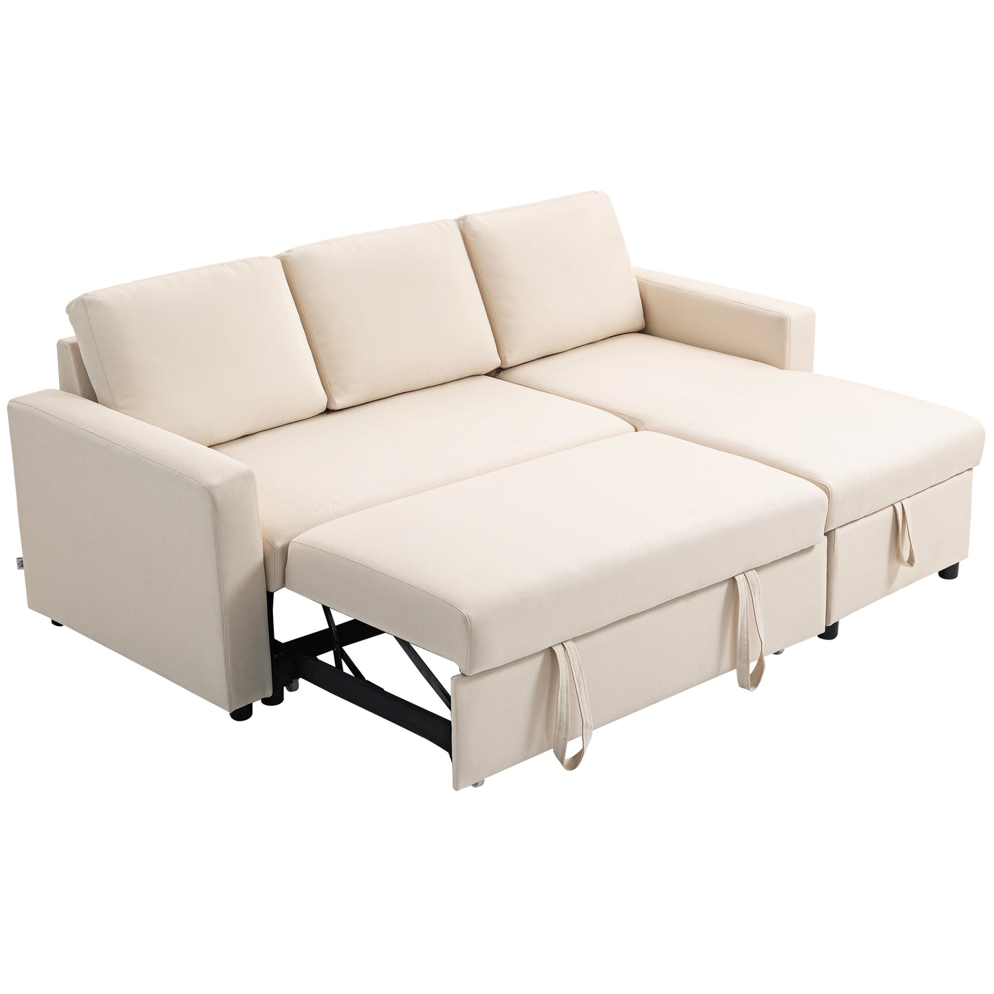 HOMCOM Ecksofa, Schlafsofa, 3-Sitzer-Sofa mit umkehrbarer Récamière, integriertem Stauraum und 3 Rückenkissen, Leinenoptikstoff, Creme   Aosom