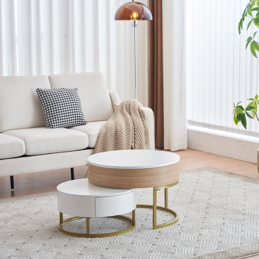Goldener Satztisch, höhenverstellbare Couchtischkombination mit Schubladen, 2-teiliges Set, Weiß