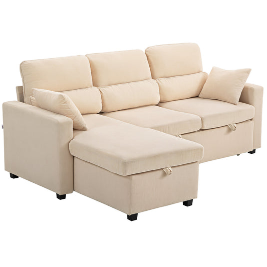 HOMCOM Verstellbares Bettsofa, L-förmiges Gästesofa mit Bettfunktion, Stauraum, Kissen, für Wohnzimmer, Gästezimmer, Beige   Aosom