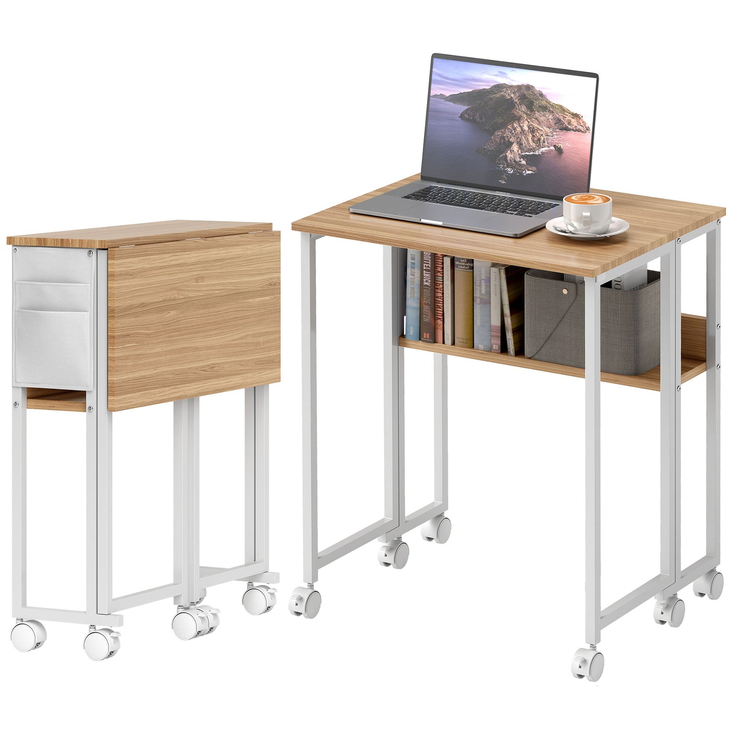 HOMCOM Schreibtisch Klappbar Kleiner 63 cm Klappschreibtisch mit Rollen Platzsparend Computertisch mit Regal, Aufbewahrungstasche, für Home Office, Natur   Aosom