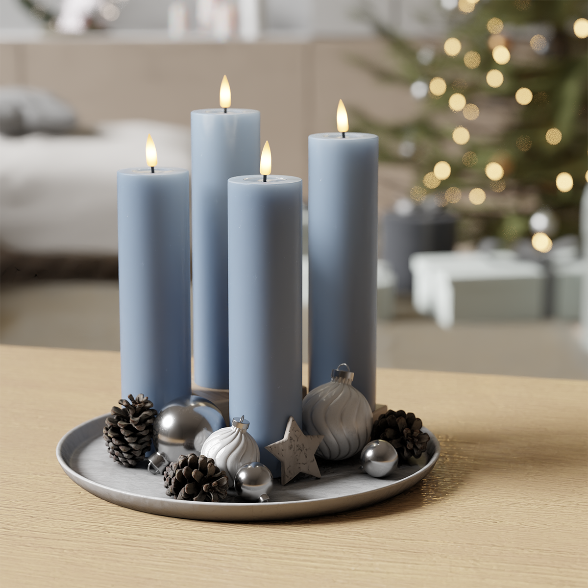 LED-Blockkerzen-Set – Eisblau – 4 Stück, 5 x 20 cm