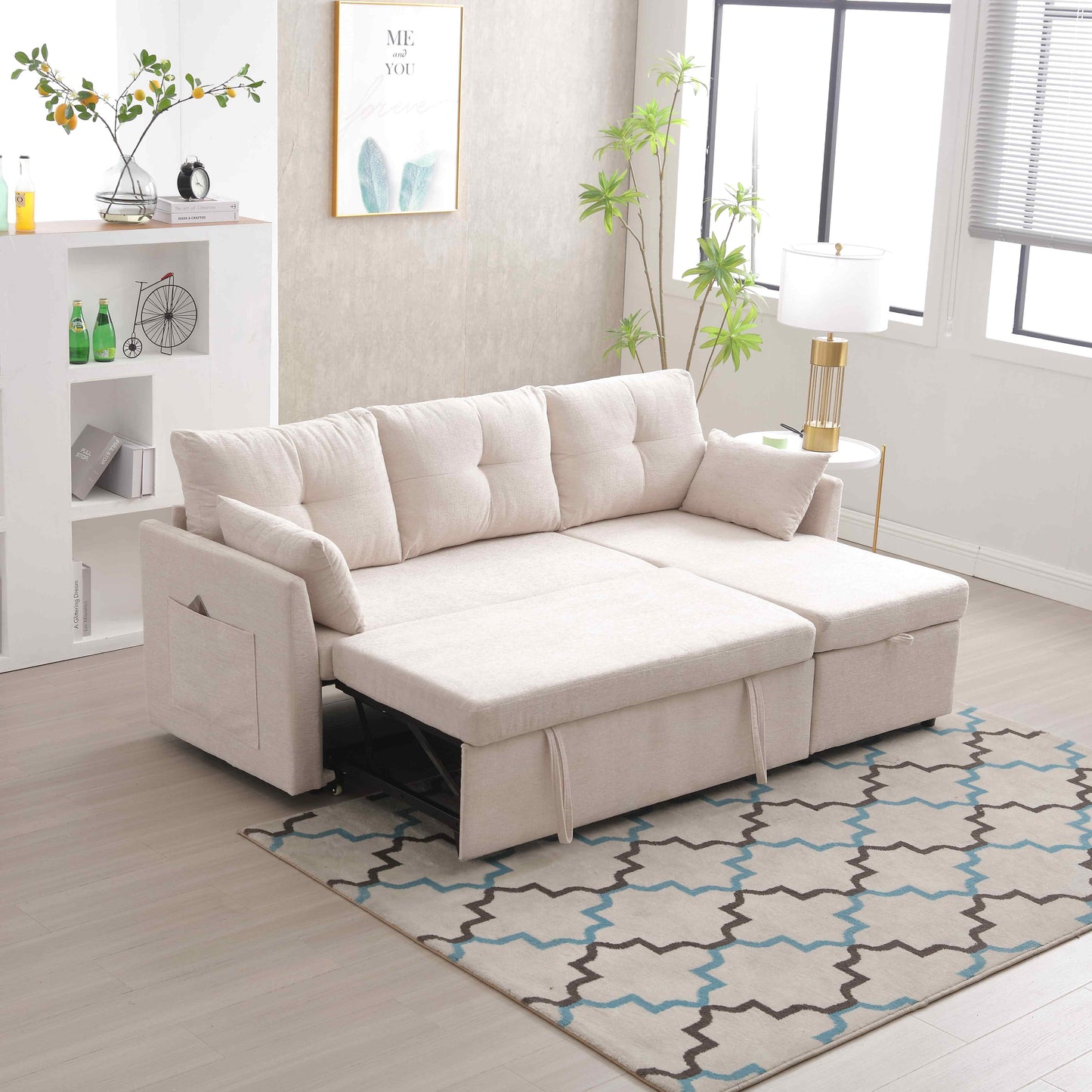 L-förmiges Samt-Sofa, ausziehbares und umwandelbares Schlafsofa mit Stauraumsitzen, Beige