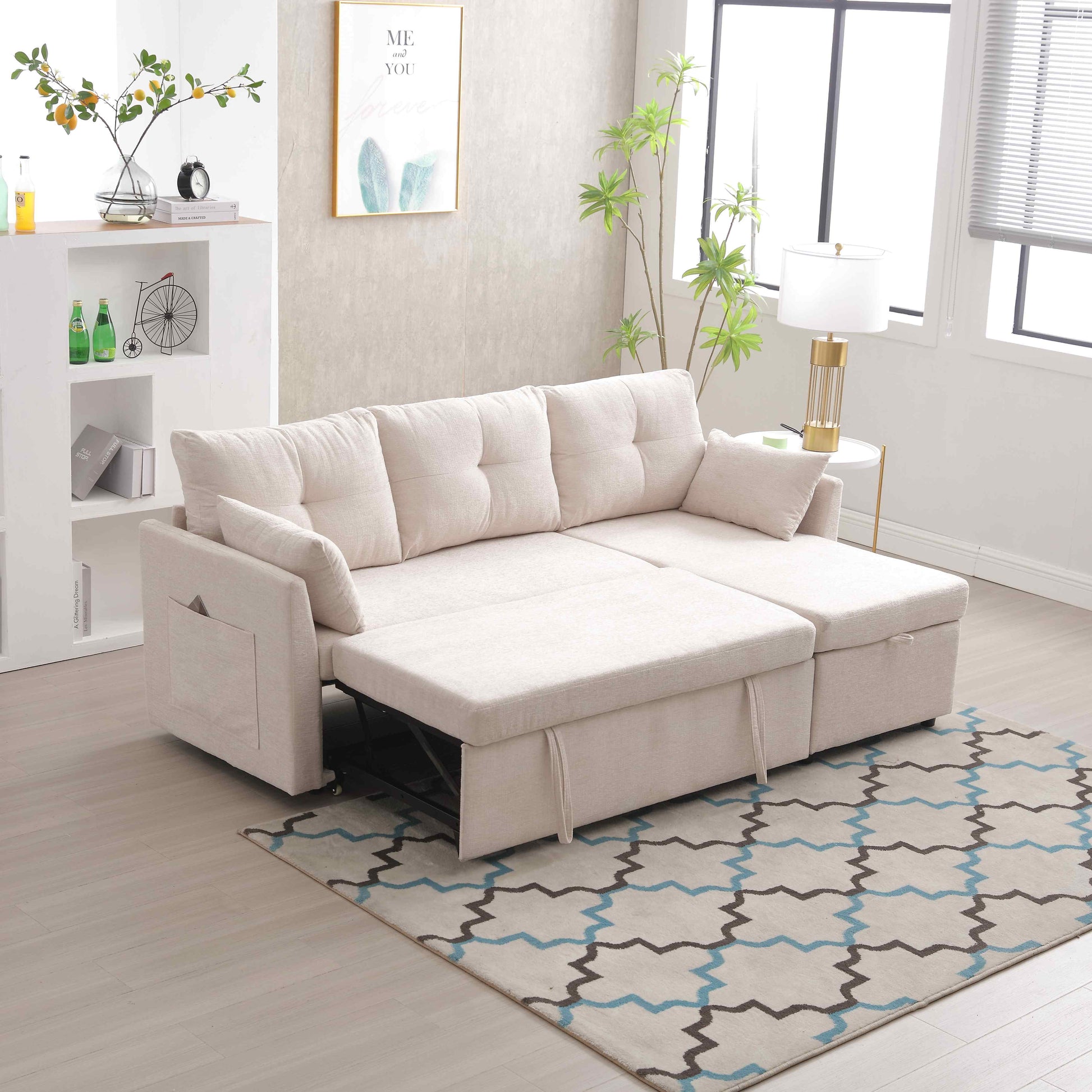 L-förmiges Samt-Sofa, ausziehbares und umwandelbares Schlafsofa mit Stauraumsitzen, Beige