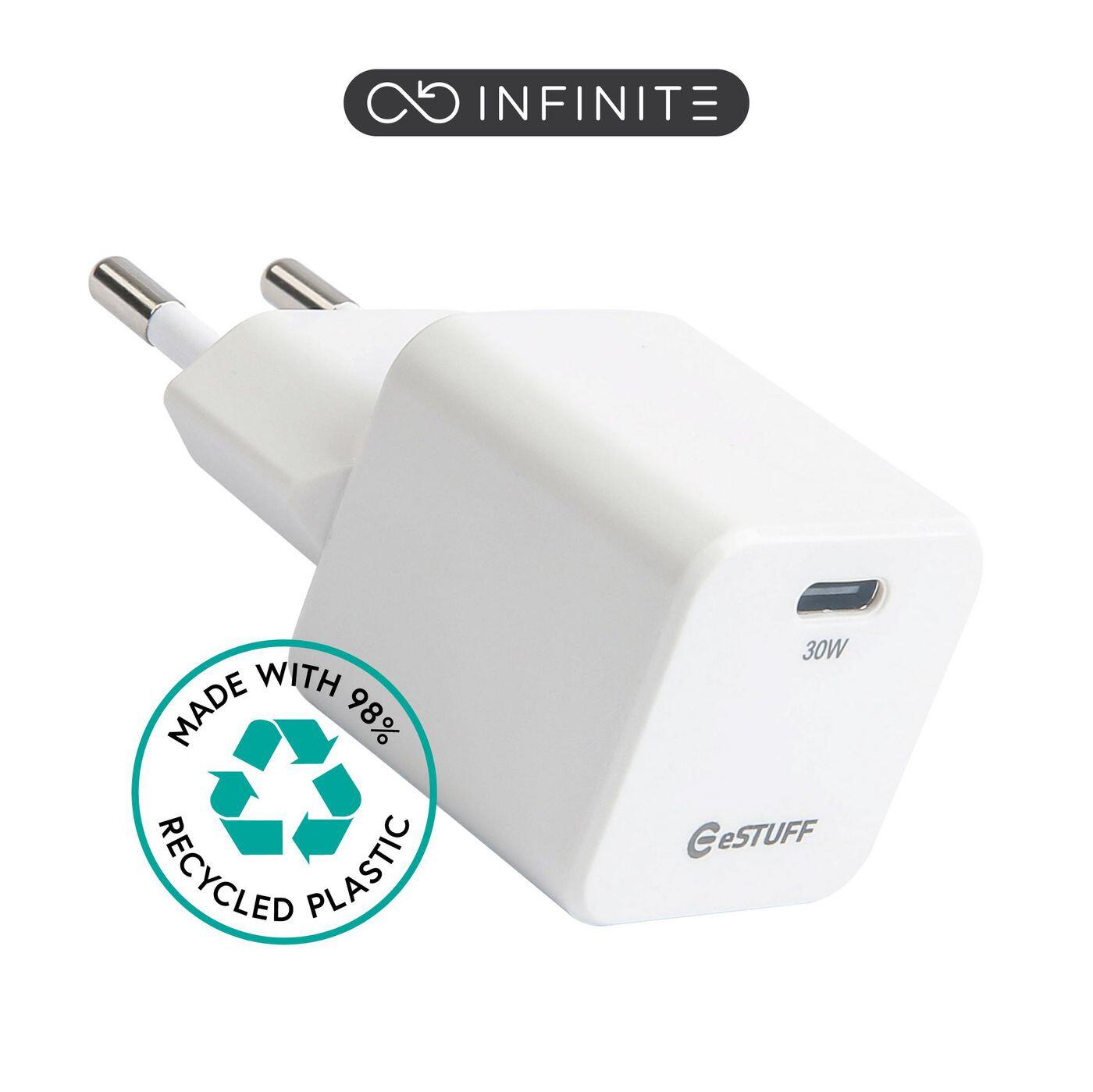 eSTUFF INFINITE USB-C Charger EU PD 30W GaN. - White - 98% Recycled Plastic