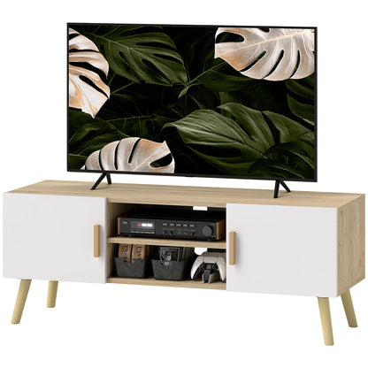 HOMCOM TV-Möbel Fernsehschrank Holz TV-Bank bis 50 Zoll mit Regalen, 2 Schränke und Kabeldurchlässen für Wohnzimmer, Schlafzimmer, 110 x 36,2 x 42 cm, Eiche   Aosom