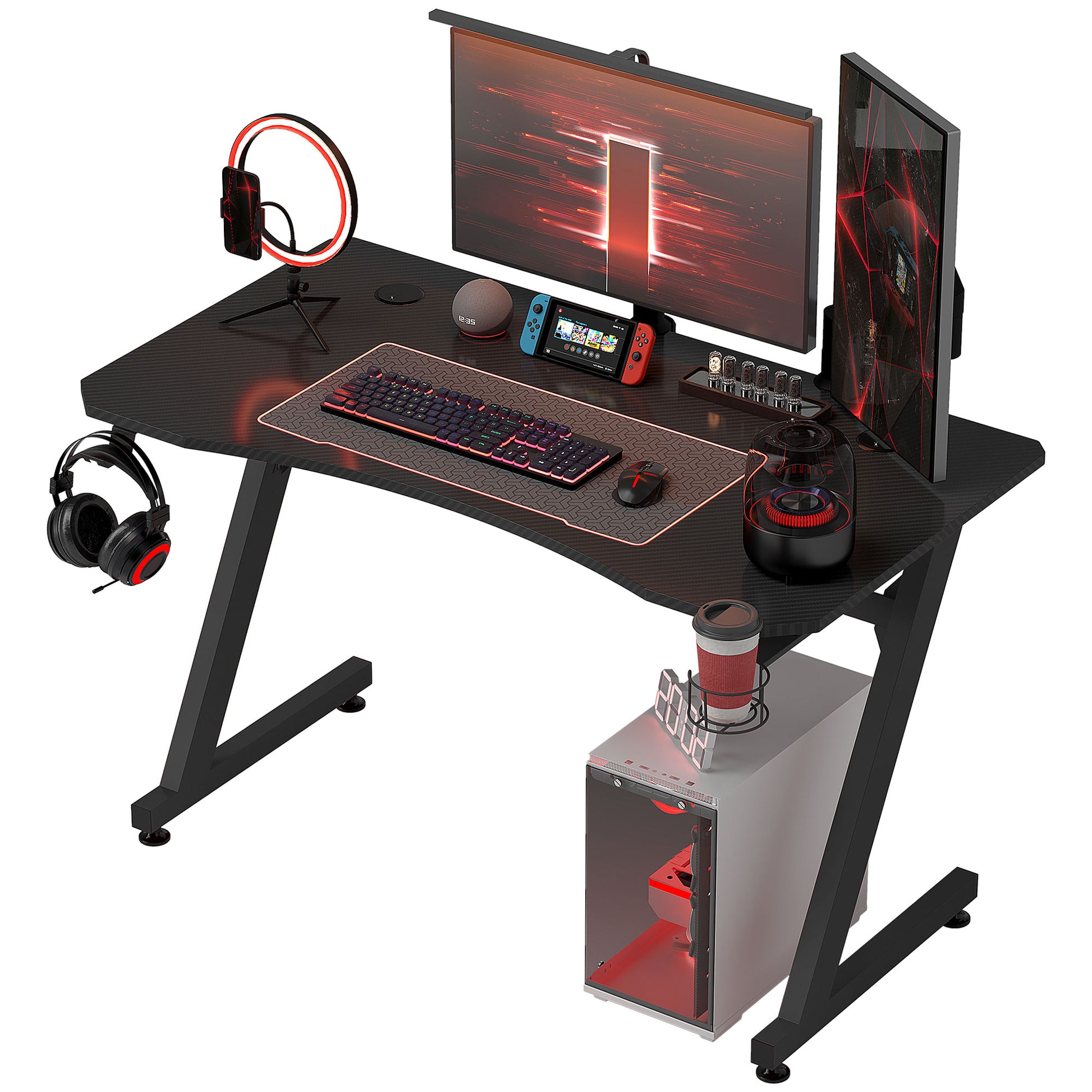 HOMCOM Gaming Schreibtisch 120×60 cm Gamer Schreibtisch mit Kohlefaseroptik Arbeitsplatte, Kopfhörerhalter, Getränkehalter und Kabelmanagement inklusive, höhenverstellbare Stahl- und Holzschreibtisch in Schwarz   Aosom