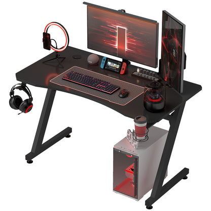 HOMCOM Gaming Schreibtisch 120×60 cm Gamer Schreibtisch mit Kohlefaseroptik Arbeitsplatte, Kopfhörerhalter, Getränkehalter und Kabelmanagement inklusive, höhenverstellbare Stahl- und Holzschreibtisch in Schwarz   Aosom