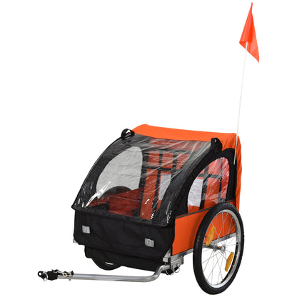 HOMCOM Kinderfahrradanhänger für 2 Kinder, sicherer Stahlrahmen, Sicherheitsgurt, Oxford-Gewebe, orange-schwarz, 130x76x88cm   Aosom.de