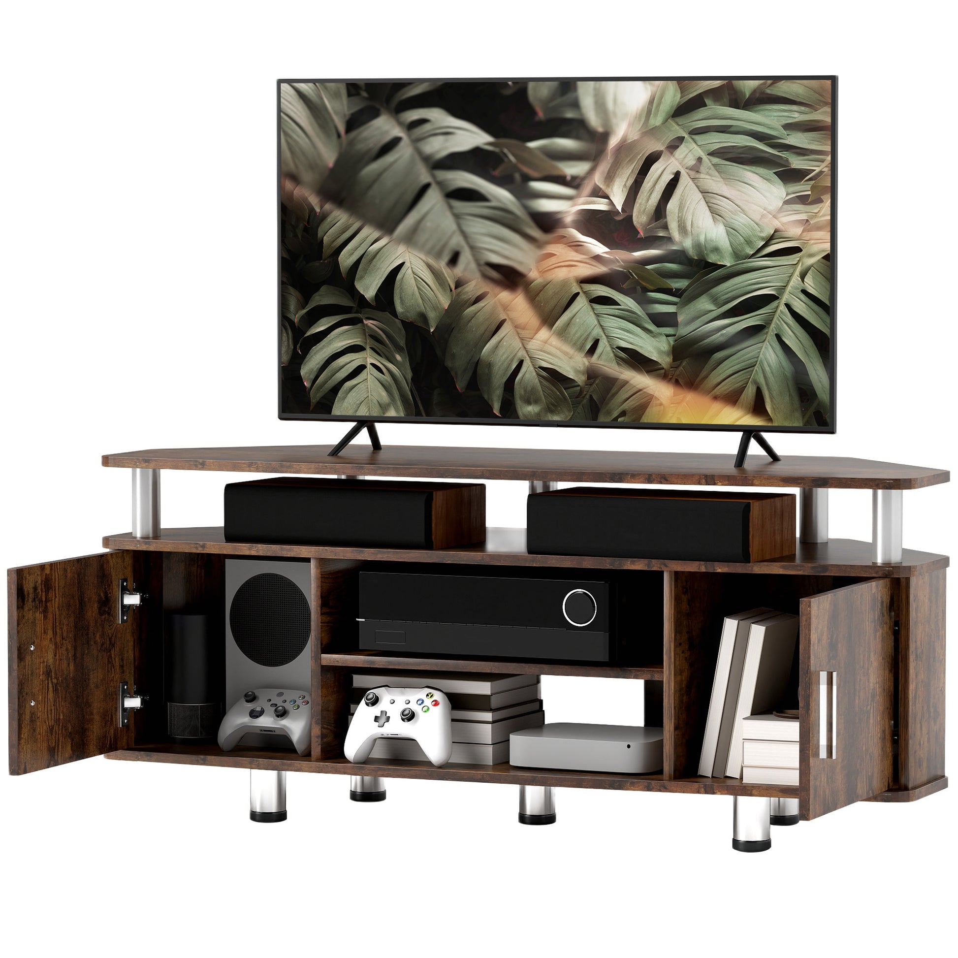HOMCOM TV-Möbel TV-Ständer Holz TV-Bank für Fernseher bis zu 55 Zoll mit großem Regal, Schranktüren und offenem Fach für Wohnzimmer Schlafzimmer, 120 x 40 x 52 cm, braun   Aosom