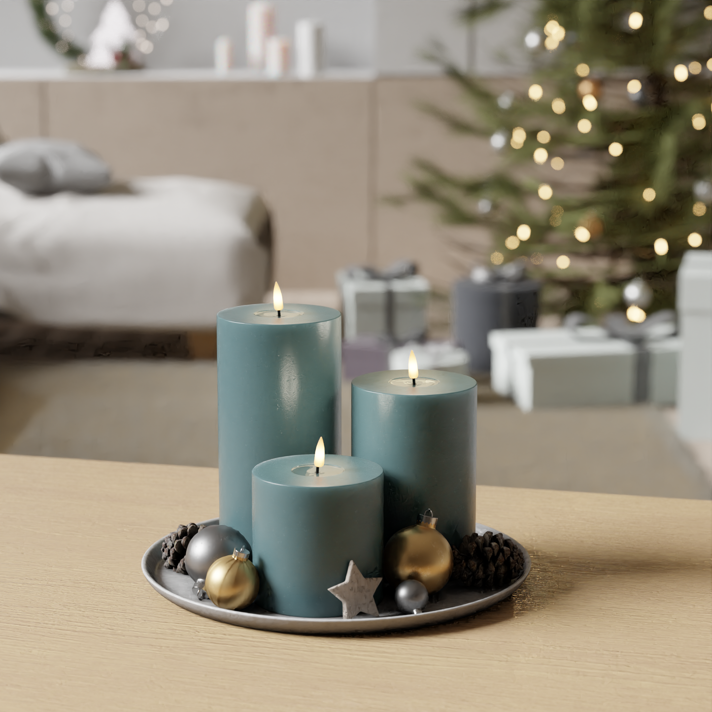 LED-Blockkerzen-Set – Jadegrün – 10 x 10 + 15 + 20 cm