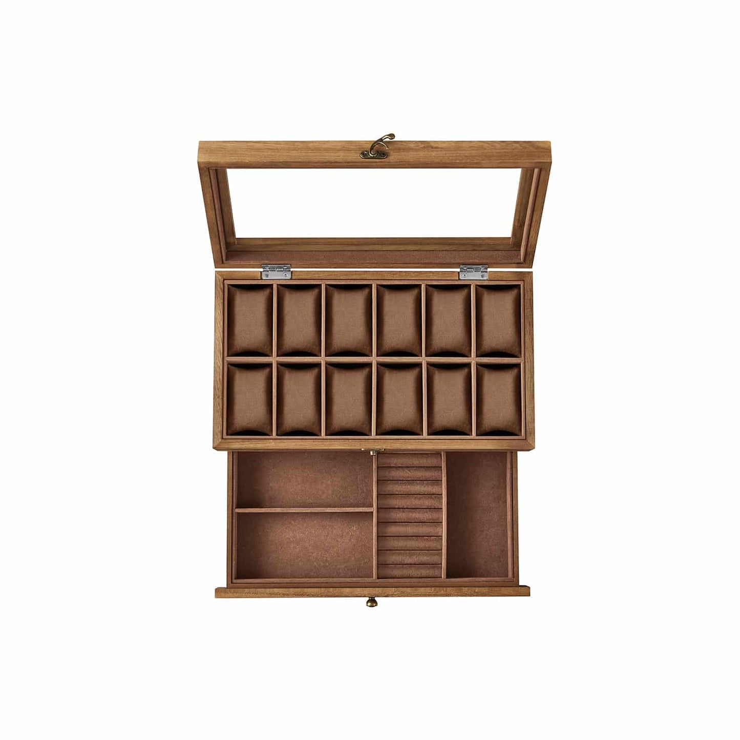Uhrenbox mit 12 Fächern aus Massivholz walnussfarben