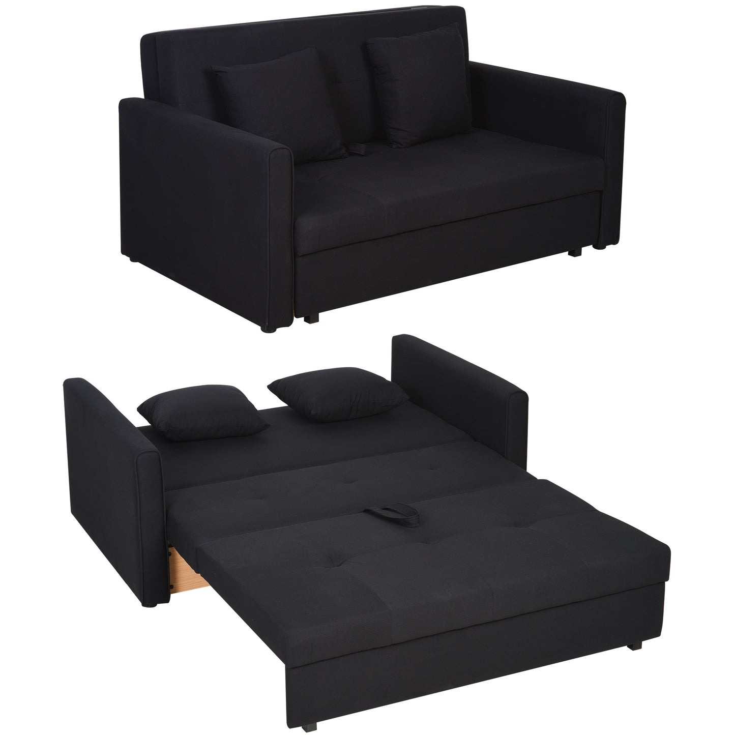 HOMCOM 2-Sitzer Schlafsofa mit Bettfunktion & Stauraum, Rückenkissen, Polycotton, Holz, Kohlegrau, 152x101x81cm  Aosom