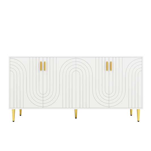 Anrichte mit goldenen Griffen, Moderne Anrichte mit Wellen Design, Anrichte mit Schubladen und Türen, Weiss 152L x 40B x 75H cm   Aosom.de