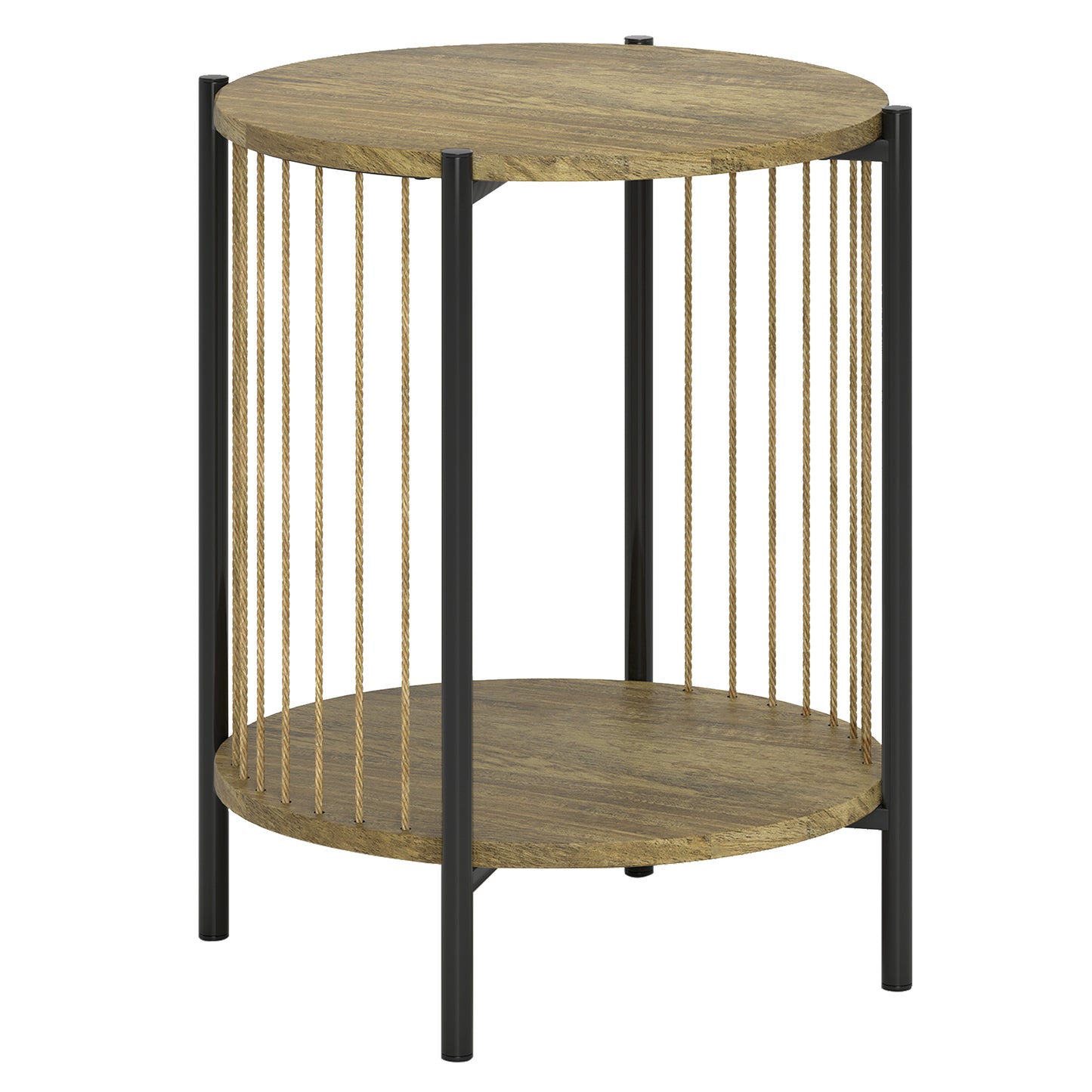 HOMCOM Runder Beistelltisch mit 2 Ebenen, Bohemienstil mit Stahlkonstruktion für Wohnzimmer Schlafzimmer 43,5x43,5x51 cm Natur   Aosom