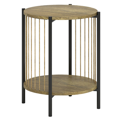 HOMCOM Runder Beistelltisch mit 2 Ebenen, Bohemienstil mit Stahlkonstruktion für Wohnzimmer Schlafzimmer 43,5x43,5x51 cm Natur   Aosom