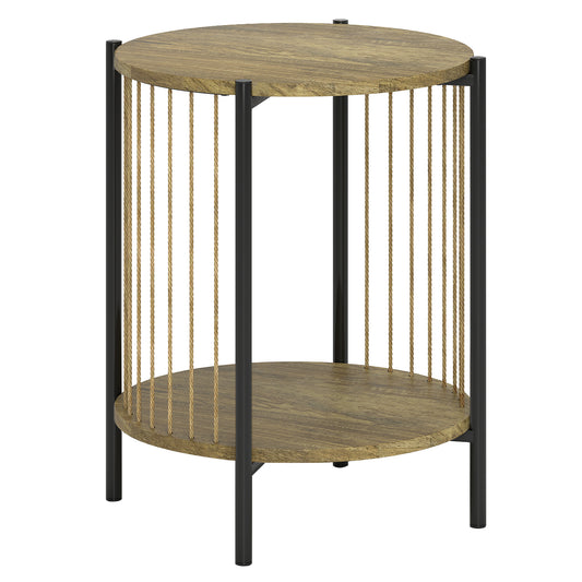 HOMCOM Runder Beistelltisch mit 2 Ebenen, Bohemienstil mit Stahlkonstruktion für Wohnzimmer Schlafzimmer 43,5x43,5x51 cm Natur   Aosom