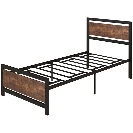 HOMCOM Bettgestell aus Stahl Einzelbett 97 x 195 x 103 cm im industriellen Design - Kopfteil, Fußteil und Lattenrost - kompatible Matratzengröße 90 x 190 cm - Holzoptik mit Maserung   Aosom