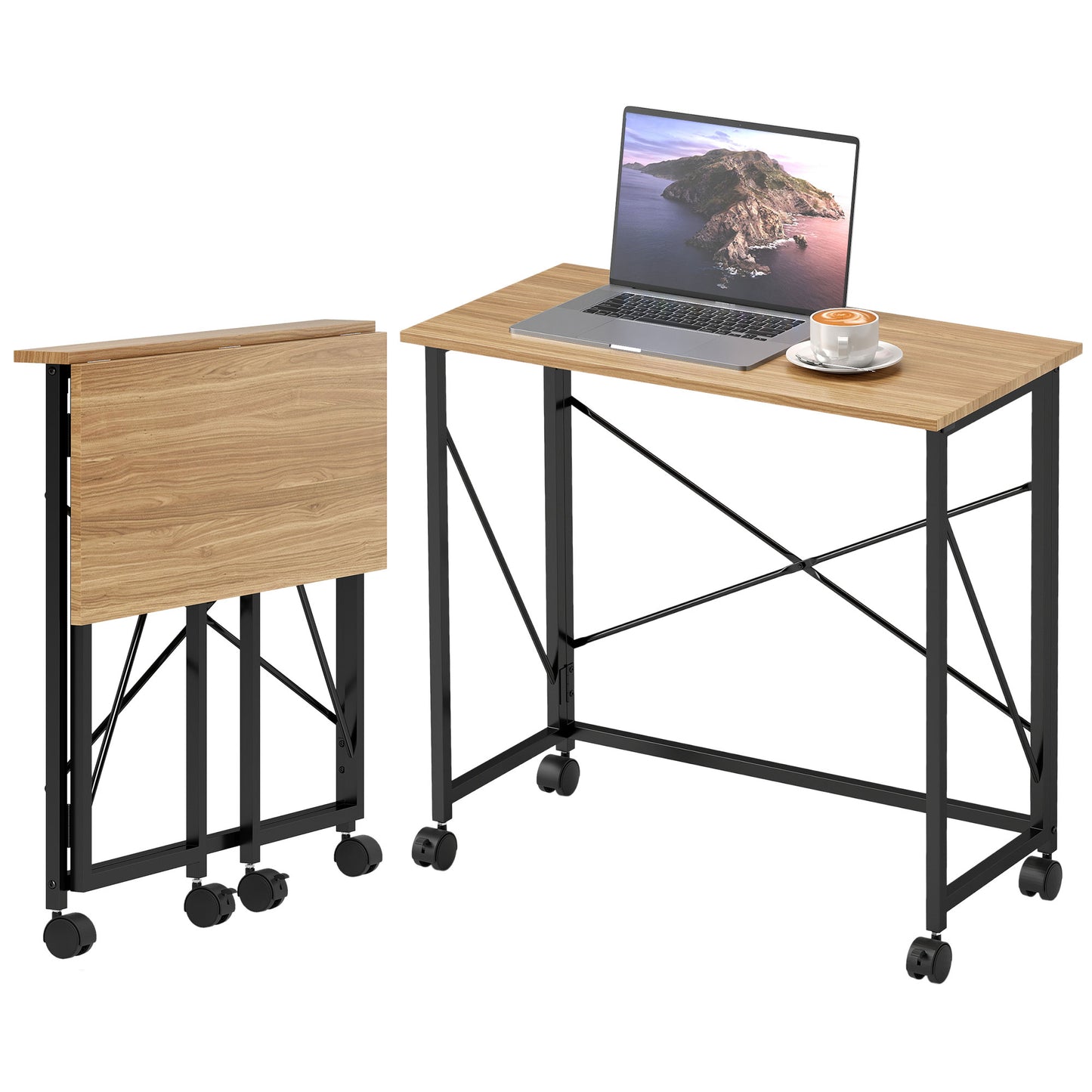 HOMCOM Schreibtisch Klappbar Kleiner 80 cm Klappschreibtisch mit Rollen Platzsparend Computertisch für Home Office, Eiche   Aosom