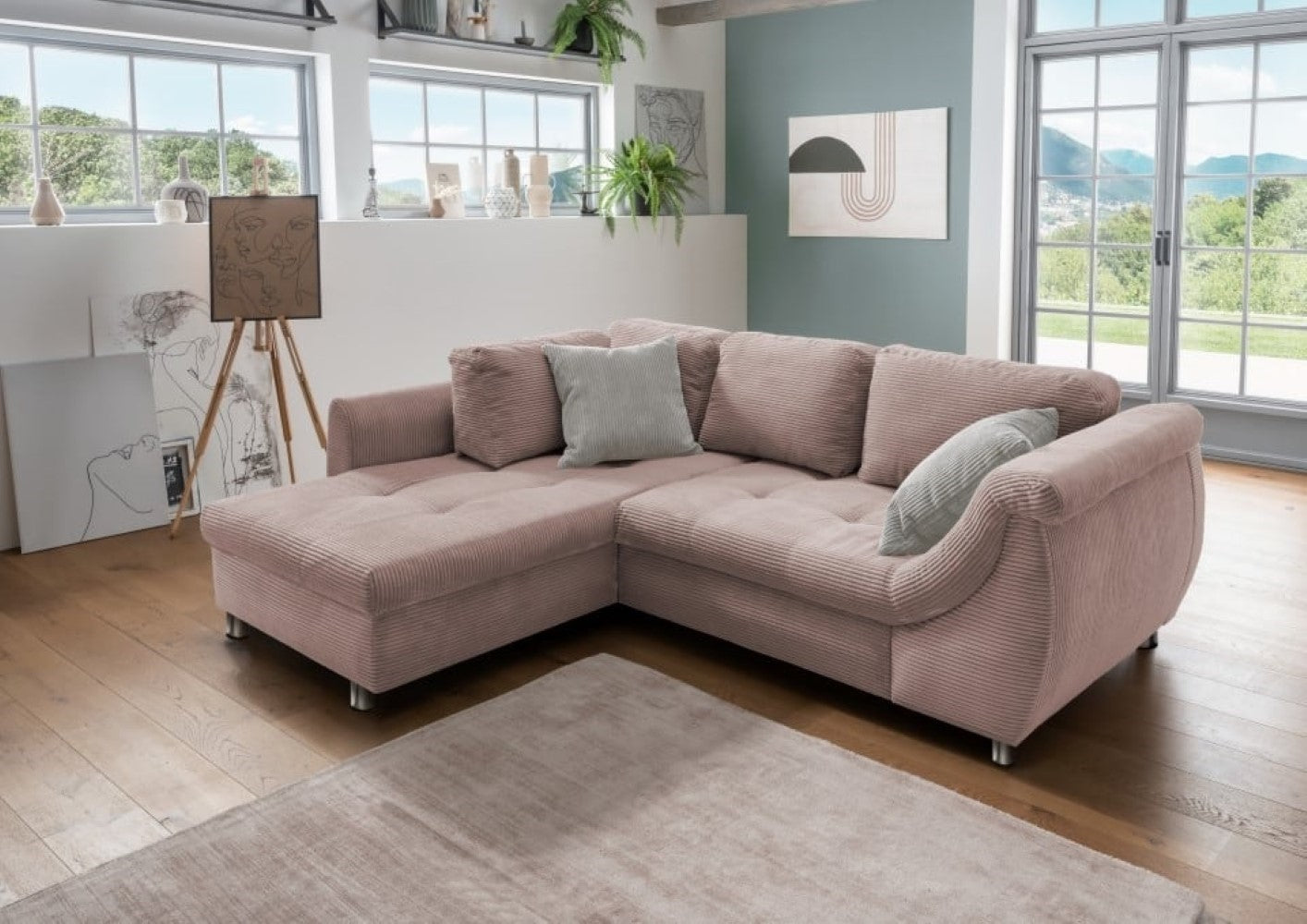 Stylisches Ecksofa Agira mit Schlaffunktion in elegantem Cord Stoff – Verschiedene Farben erhältlich