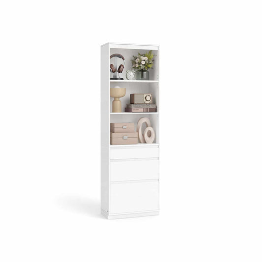 Bücherregal mit 3 unterschiedlich großen Schubladen schneeweiß