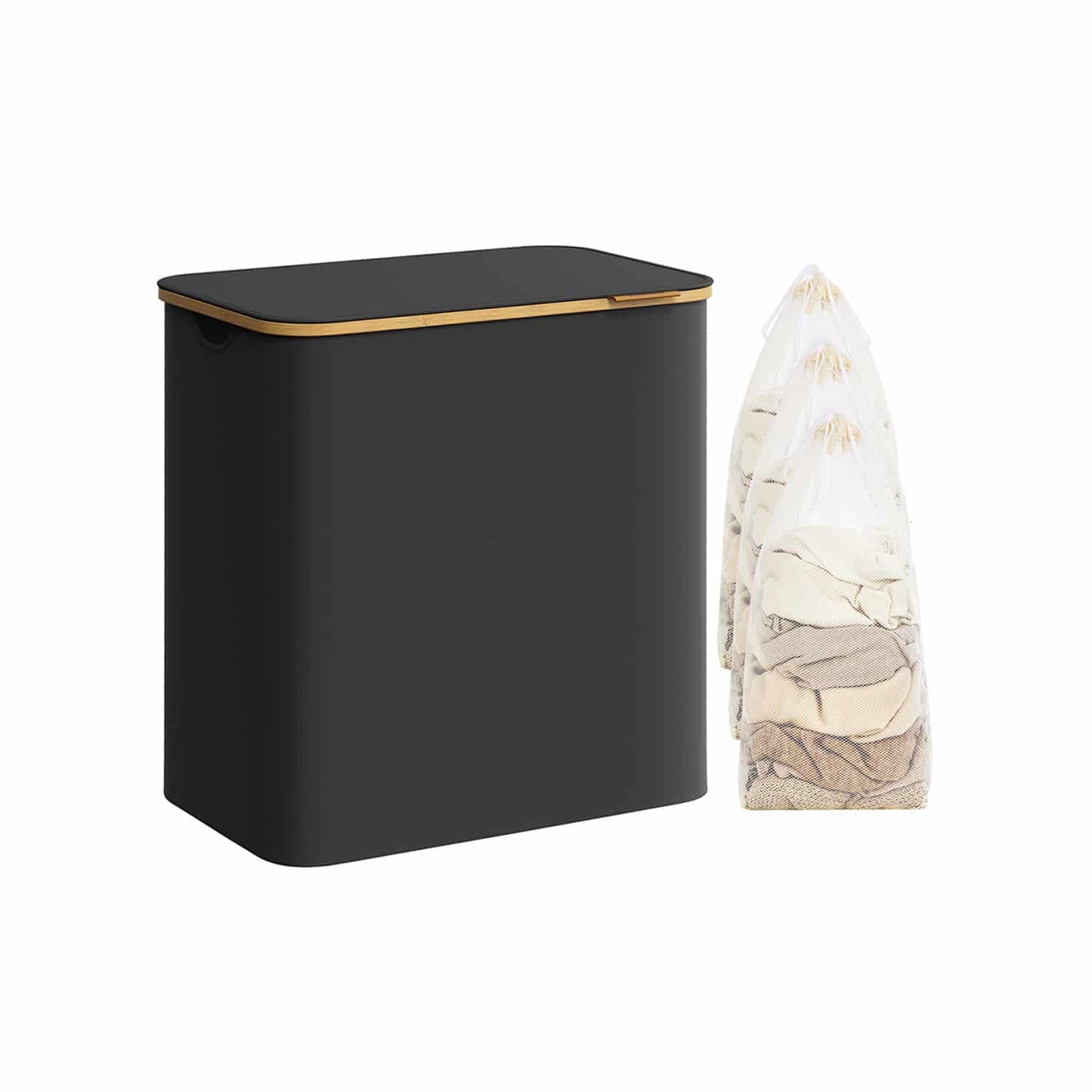 Wäschekorb 3 Fächer mit Griffen aus Bambus tintenschwarz