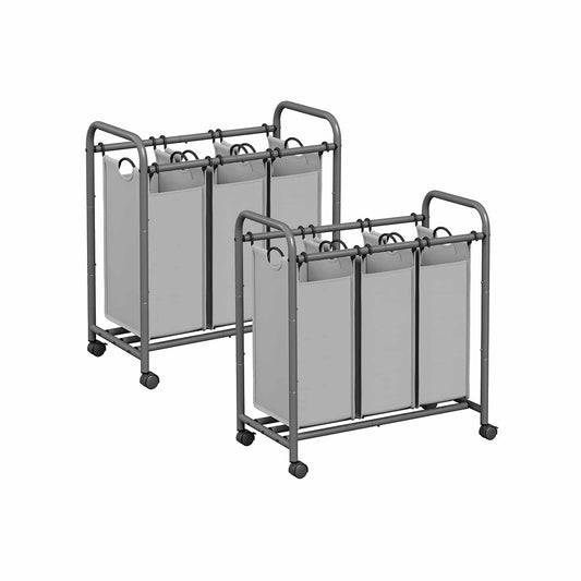 Wäschekorb 3 Fächer, 2er Set, Wäschesammler mit Rollen, grau