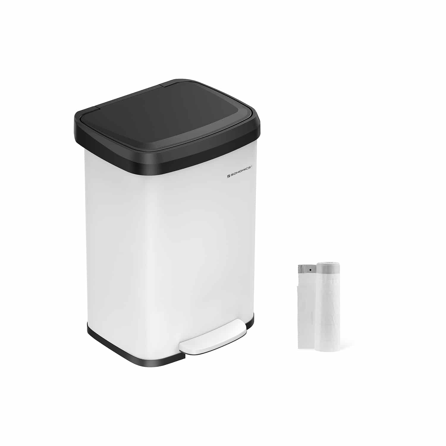 Mülleimer Küche 50 Liter aus Metall mit Deckel weiß-schwarz