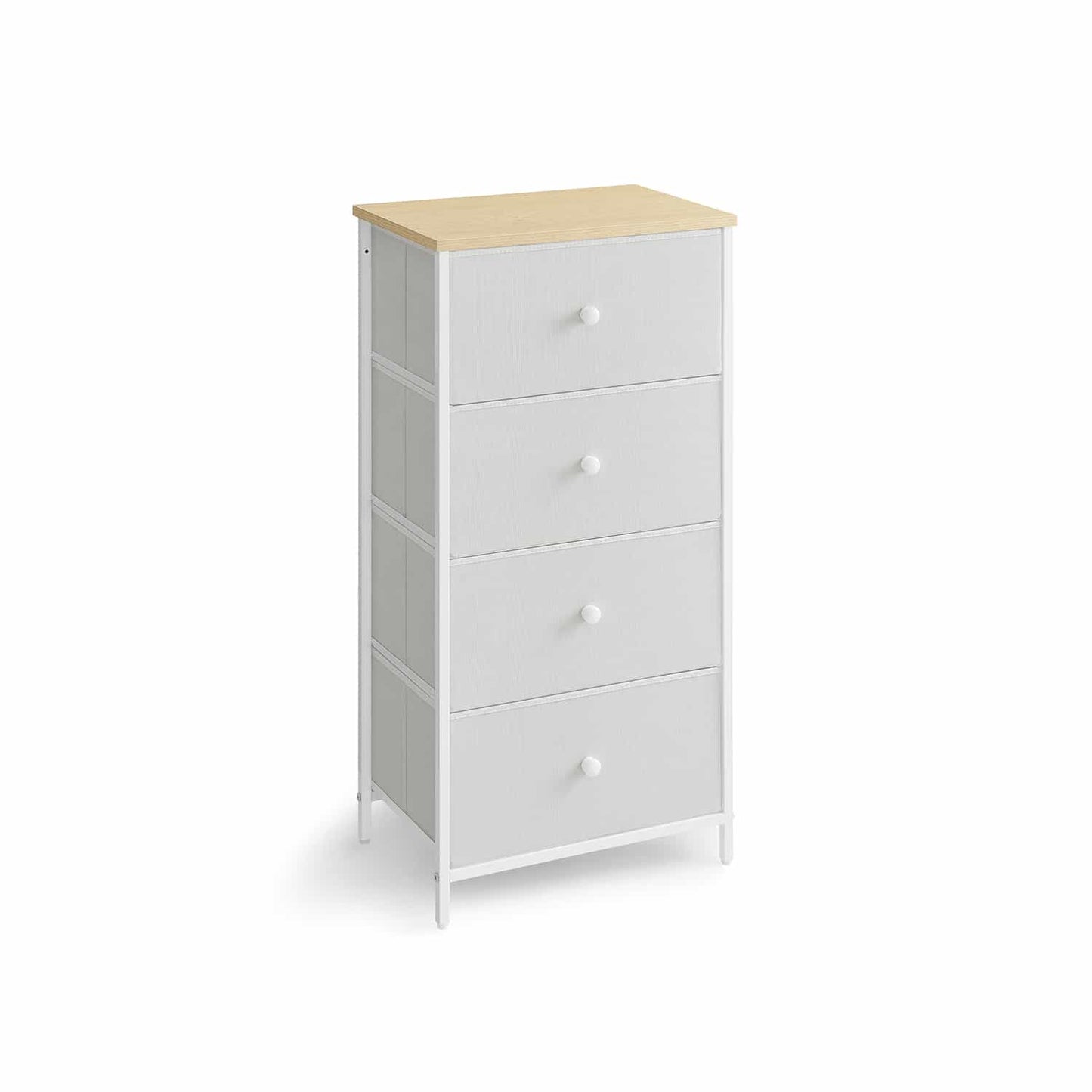 Kommode mit 4 Stoff-Schubladen und Metallrahmen weiß-eichenfarben