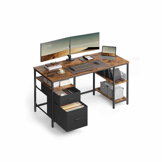 Computertisch mit 3 Ablagen und 2 Schubladen vintagebraun-schwarz