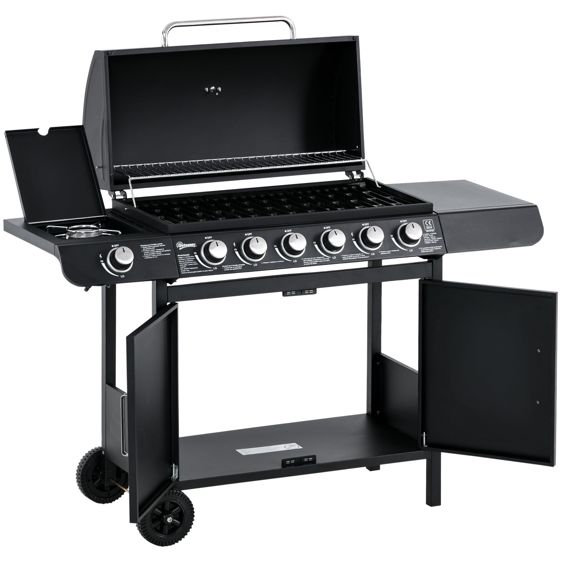 Outsunny Gasgrill BBQ Grillwagen mit 6 Brennern 1 Seitenbrenner Schrank Multifunktion Metall Schwarz 135 x 50 x 100 cm   Aosom