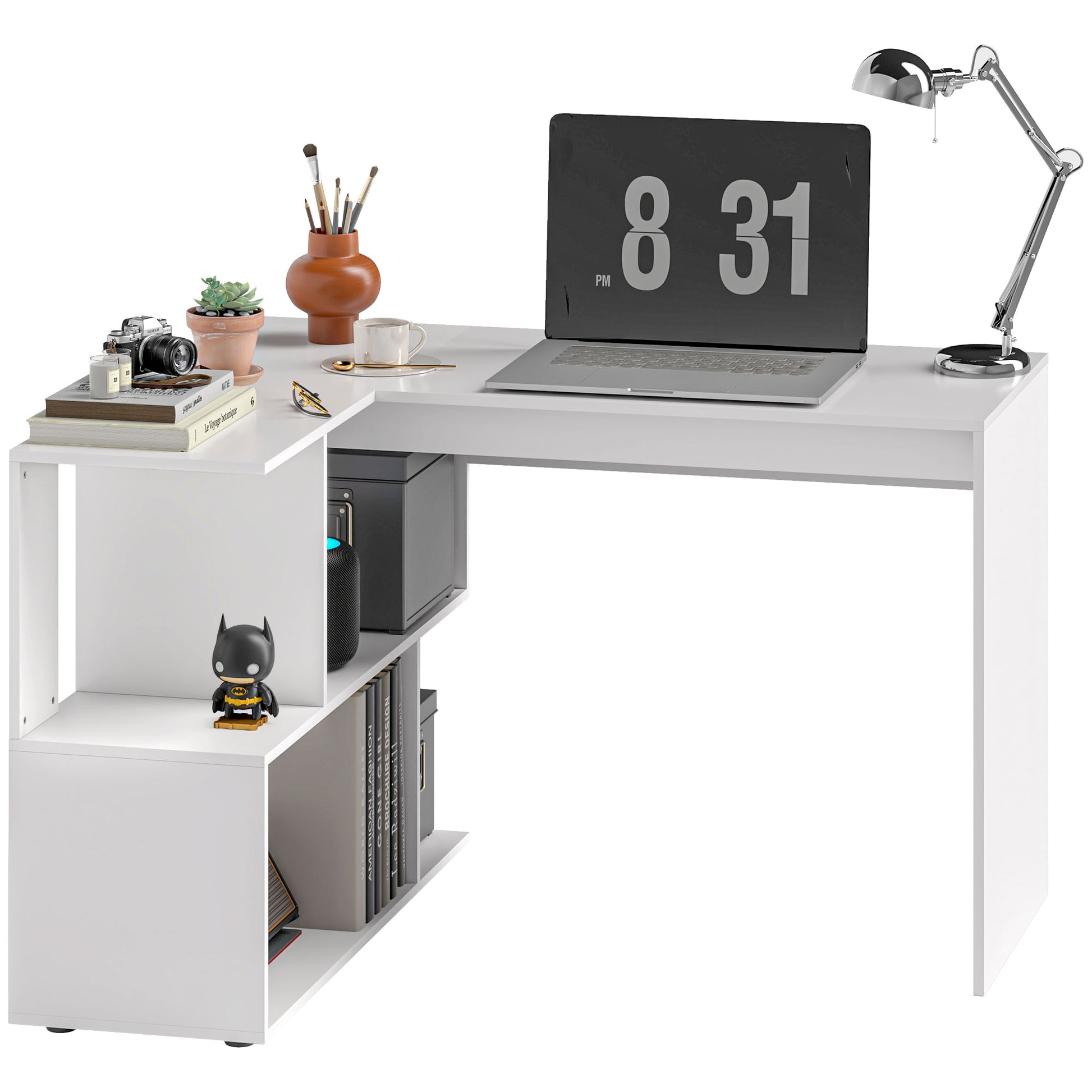 HOMCOM Eckschreibtisch mit 4 Regalen, Eckcomputer-Schreibtisch aus Holz, Gaming-Schreibtisch für Büro, Wohnzimmer und Studio, moderner Stil, 120x100x77 cm, Glänzendes Weiß   Aosom
