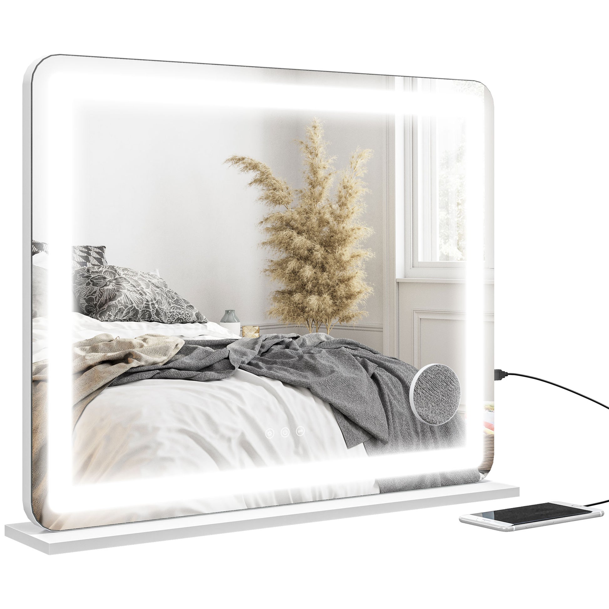 HOMCOM LED Spiegel Make-up Spiegel mit 3 Lichtmodi 10-fache Vergrößerungsfunktion, USB-Ladeanschluss, Touch-Steuerung - 80 x 62 cm   Aosom